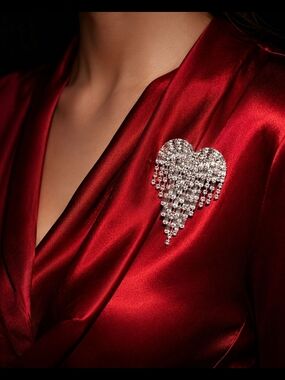 Silver Heart Crystal Tassel Brooch